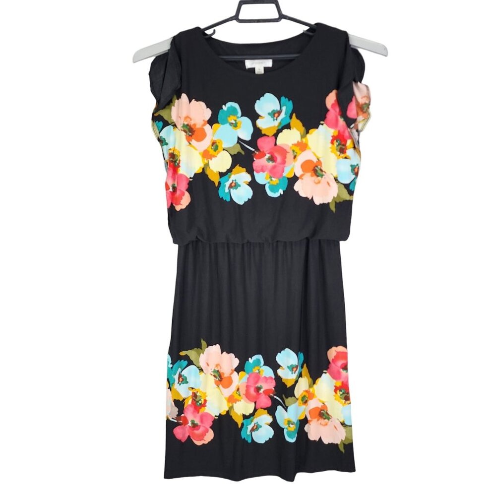 Womens Black Floral Dressbarn Short Sleeve Mini Dress Polyester Stretch Size 8